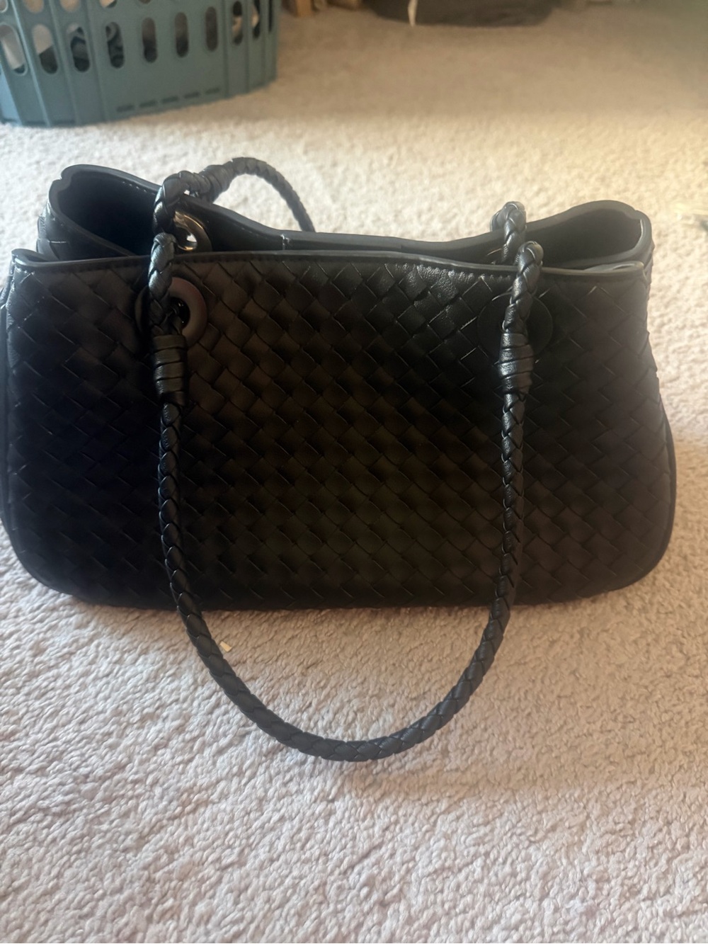 Woven Leather Shoulder Bag - Black